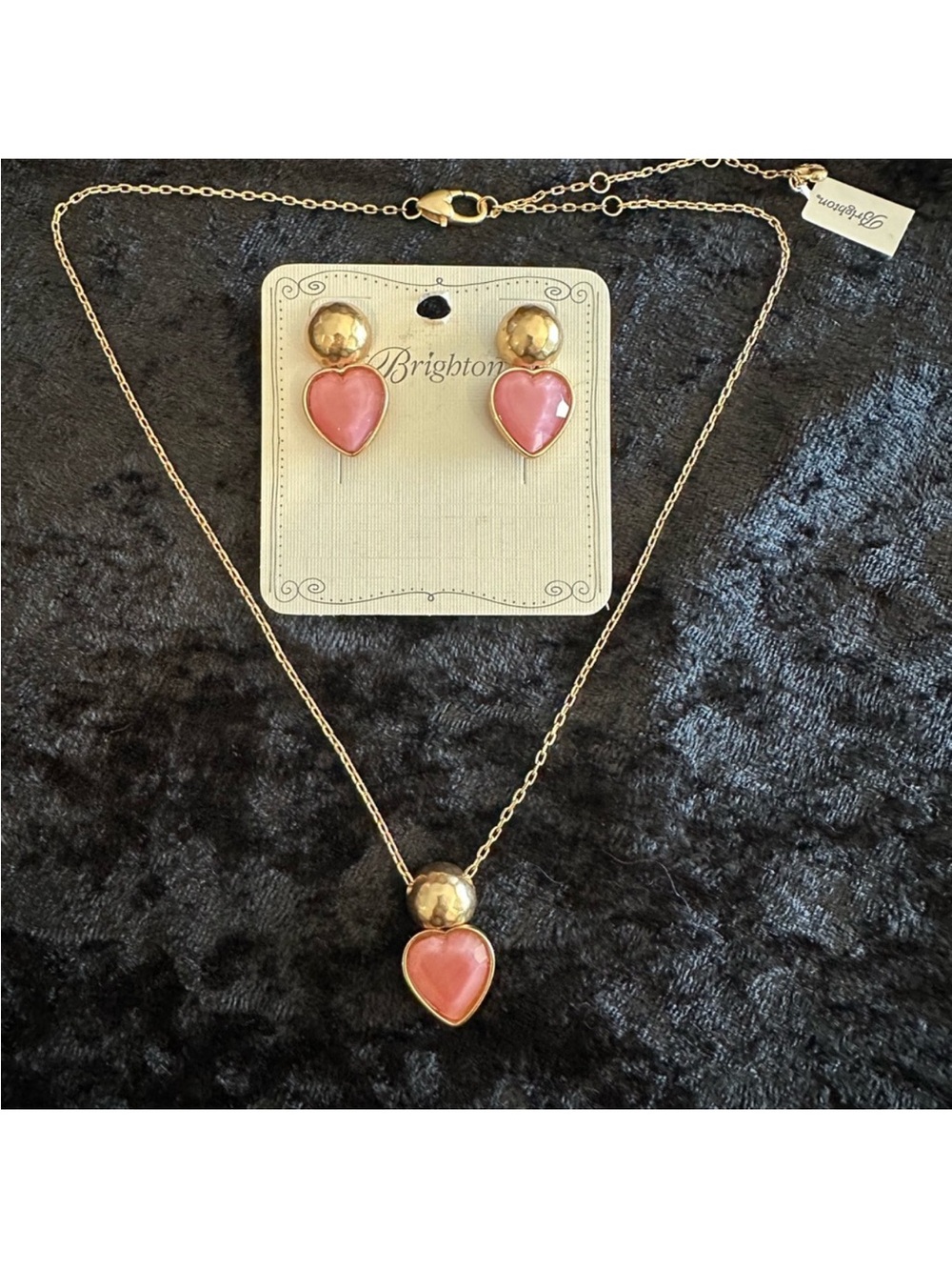 Brighton Gold-Tone Necklace & Heart Stud Earrings in Pink